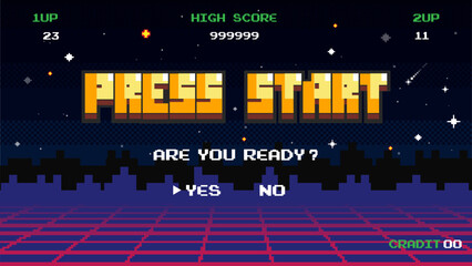 PRESS START are you ready .pixel art .8 bit game.retro game. 