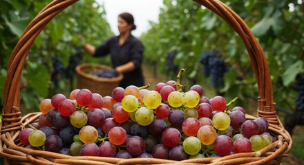 a detailed pile of grapes with a candid background of a grape picker inspecting grapes in an orchard.