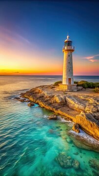 A solitary lighthouse stands on a rocky outcrop overlooking the turquoise waters of Re Island's Baleines Beach at sunset