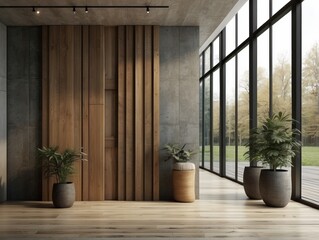 Minimalist interior design of modern rustic entrance hall with with abstract wooden room divider