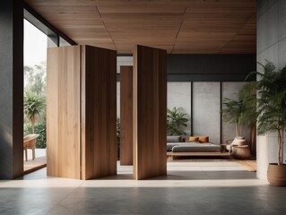 Minimalist interior design of modern rustic entrance hall with with abstract wooden room divider