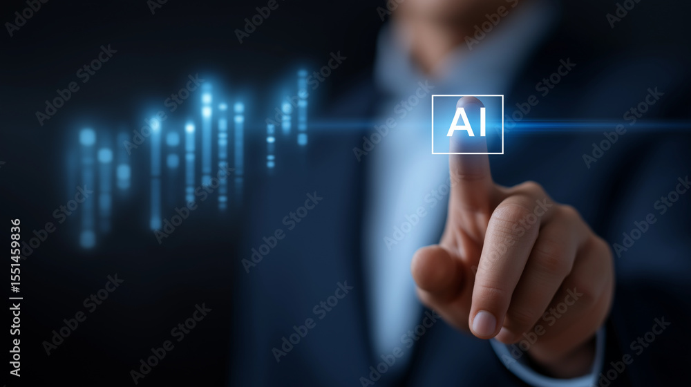 Aufkleber businessman engaging with ai data analytics dashboard and icons
