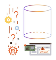 Cylindrical database, question marks, gears, analytical dashboard with warnings and trend graph. Ideal for data management, error detection, analytics, problem-solving, database risk