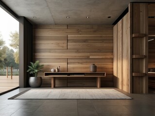 Minimalist interior design of modern rustic entrance hall with with abstract wooden room divider