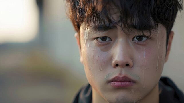 Emotional reflection of a handsome man in tears during a serene evening