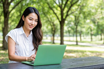 young asian woman using laptop in park, lifestyle and freelancing concept