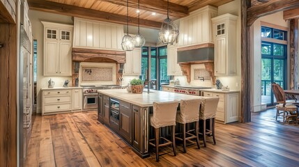 Obraz premium Spacious rustic kitchen with large island, white cabinets, exposed beams, and hardwood floors, leading to a dining area with large windows