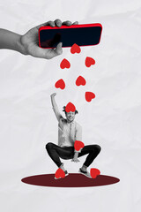 Vertical contemporary photo collage of happy girl man stand phone screen pour heart icon blogging...