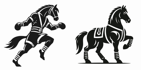 Horse in muay thai costume. Boxing Sport Cartoon Animal Clipart Line Art Vector Illustration. Equine kickboxing attire a funny image for martial concept.
