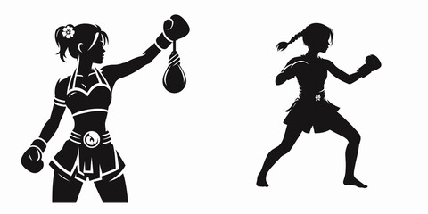 girl in muay thai costume. Boxing Sport Cartoon Animal Clipart Line Art Vector Illustration. Young female fighter attire martial theme.