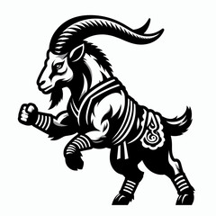 Goat in muay thai costume. Boxing Sport Cartoon Animal Clipart Line Art Vector Illustration. Caprine figure wearing kickboxing fighter apparel design.