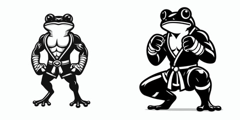 Frog in muay thai costume. Boxing Sport Cartoon Animal Clipart Line Art Vector Illustration. Amphibian garb funny wildlife image.