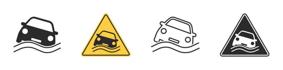Set of warning signs flooding hazard. Car submerged in water, flood street and a flood road, yellow triangular warning sign. Emergency situation, danger of falling car in sea. Vehicle in water. Vector