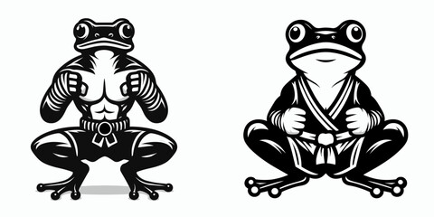 Frog in muay thai costume. Boxing Sport Cartoon Animal Clipart Line Art Vector Illustration. Amphibian apparel fighter wearing martial gear.