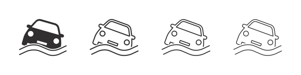 Set of warning signs flooding hazard. Car submerged in water, flood street and a flood road, yellow triangular warning sign. Emergency situation, danger of falling car in sea. Vehicle in water. Vector