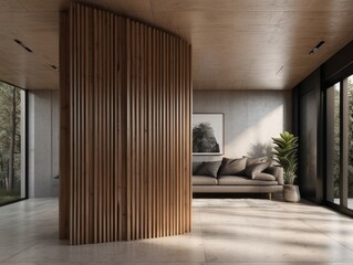 Minimalist interior design of modern rustic entrance hall with with abstract wooden room divider