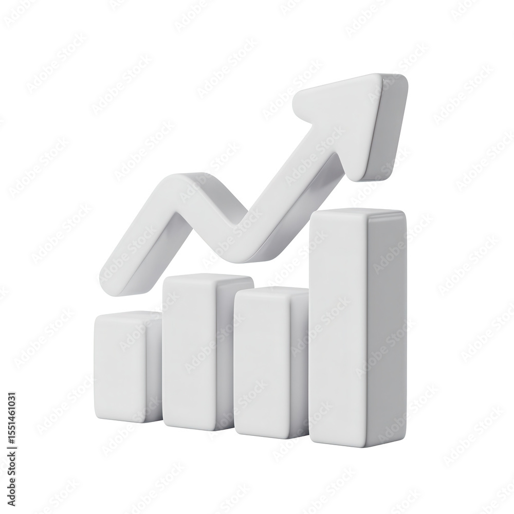 Poster clean 3d rendering of a white bar chart with an upward trending arrow indicating positive growth and