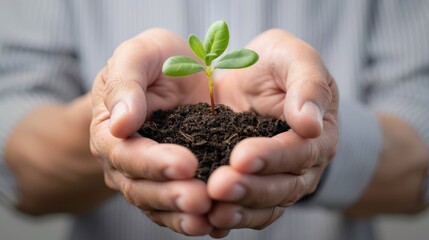Nurturing growth with gentle hands cradling a young seedling in soft soil