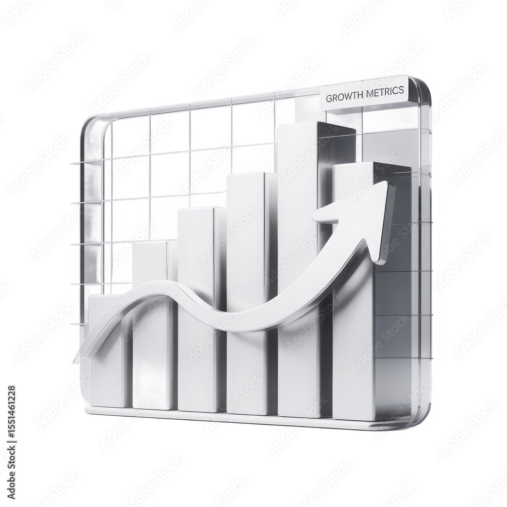 Poster white 3d bar chart with upward trending arrow and grid overlay indicating positive growth metrics an