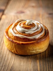 Softly lit fresh cinnamon roll with a swirl of creamy icing on top