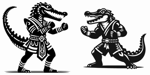 Crocodile in muay thai costume. Boxing Sport Cartoon Animal Clipart Line Art Vector Illustration. Reptile wearing kickboxing attire combat clothing concept.