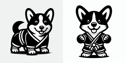 Corgi Dog in muay thai costume. Boxing Sport Cartoon Animal Clipart Line Art Vector Illustration. Welsh puppy kickboxing attire pet combat gear.
