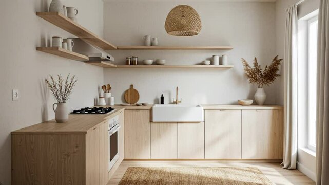 Modern Scandinavian minimalist kitchen interior with wood cabinets, open shelves, farmhouse sink and natural sunlight from large window 