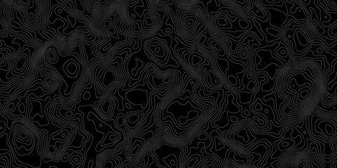 Topographic contour lines in white on a black background creating a detailed map like pattern.
