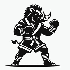 boar in muay thai costume. Boxing Sport Cartoon Animal Clipart Line Art Vector Illustration. Wild pig wearing attire outfit for fighter.