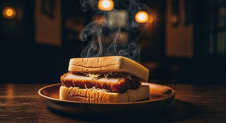Steaming Japanese Tonkatsu Sandwich on Wooden Plate