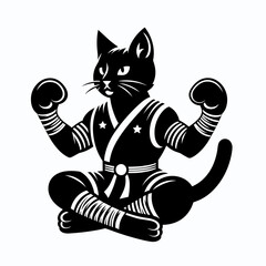Black Cat in muay thai costume. Boxing Sport Cartoon Animal Clipart Line Art Vector Illustration. Dark feline kickboxing attire fighter animal martial outfit.