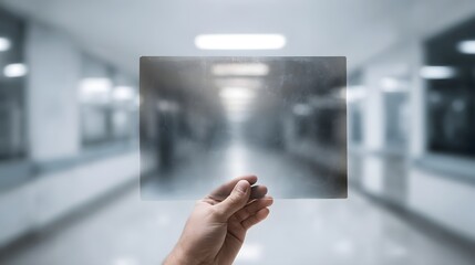 Hand holding transparent X ray sheet in a blurred hospital corridor