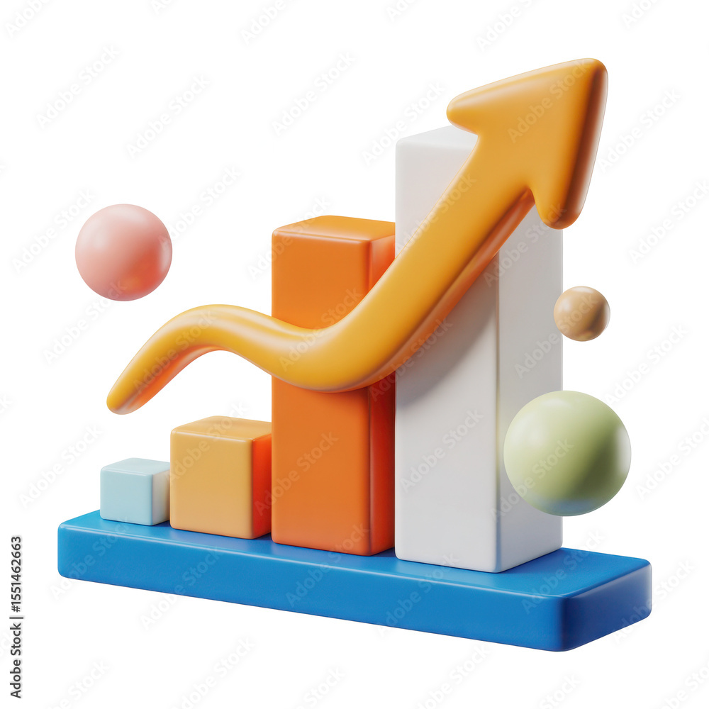 Poster 3d abstract bar chart with upward trending arrow and floating spheres representing growth and positi