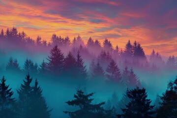 Naklejka premium Misty forest scene with evergreen trees silhouetted against a vibrant colorful sunset sky