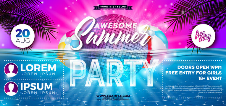 Summer Party Banner Design Template with Disco Ball and Beach Ball on Underwater Blue Ocean Background. Vector Summer Music and Dance Celebration Holiday Illustration with Tropical Palm Leaves and