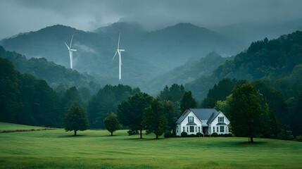 White house and wind turbines in misty mountain landscape