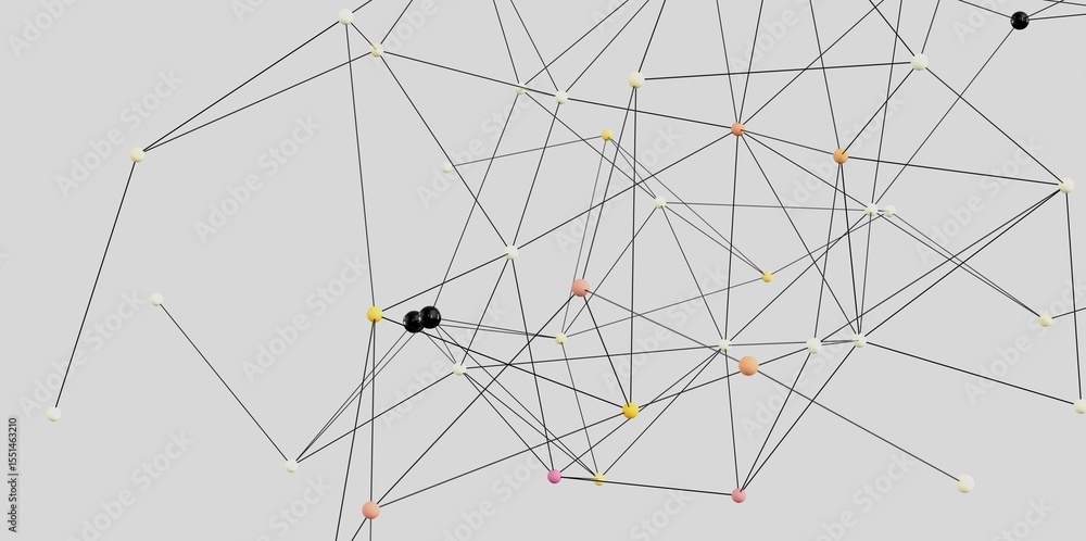 Poster Stock photo of an abstract network with colorful nodes and connecting lines. Ideal for technology, connection, and networking concepts.