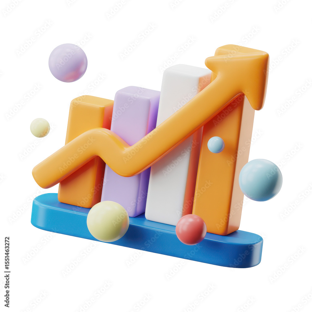 Poster colorful 3d bar chart with upward trending arrow and floating spheres symbolizing growth and positiv