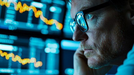 A trader on a financial market floor intensely watching multiple screens with candlestick charts for Brent and WTI crude, emphasizing futures trading and speculative forces driving short-term