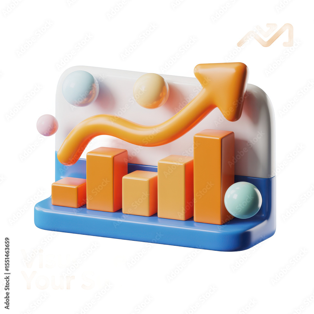 Poster 3d illustration of a colorful bar chart with an upward trending arrow and spheres symbolizing growth