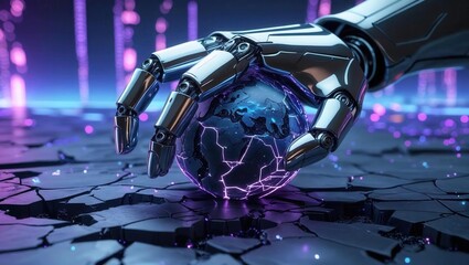 Chrome Robotic Hand Cradling Glowing Cracked Earth Orb in Futuristic Digital Scene