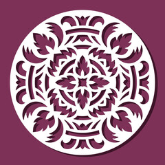 Round stencil with floral ornament. Lace white napkin, mandala, oriental pattern, decorative element of interior. Vector template for plotter laser cutting of paper, wood carving, metal engraving, cnc