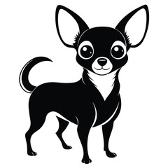 Stylized Black and White Chihuahua Illustration with Big Eyes and Ears Standing on a White Background