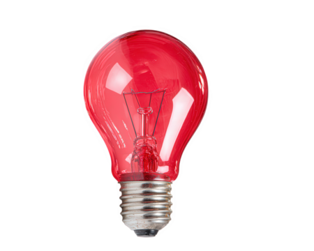 Red light bulb glass object isolated on transparency background metallic base transparent electric home decor vibrant energy closeup