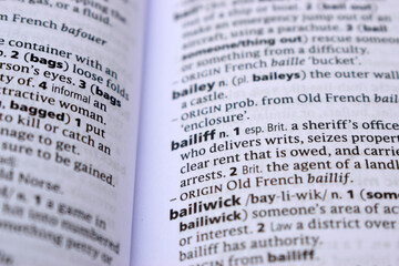 English Definition Dictionary Page Of Printed Word - Bailiff   Close Up