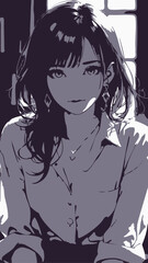 a young East Asian woman with inward-curled semi-long hair in smoky purple She wears a white blouse with soft sky blue buttons