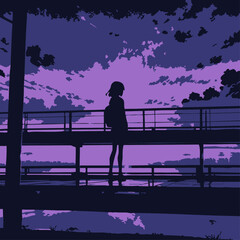 anime-style silhouette of a figure standing alone on a long bridge at night, glowing stars above and reflected below, soft violet lighting, emotional quietness, hopeful and dreamlike atmosphere