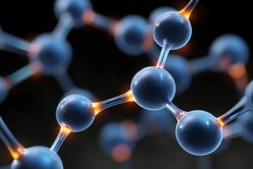 Molecular structure interconnected blue spheres with glowing orange connection points