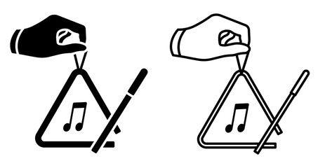 Line icon. Musician hand holds musical instrument triangle. Triangular musical instrument vibrating at different frequencies. Simple black and white vector isolated on white background