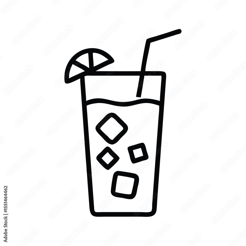 Poster refreshing summer drink icon with ice cubes and lemon slice vector illustration line art style desig